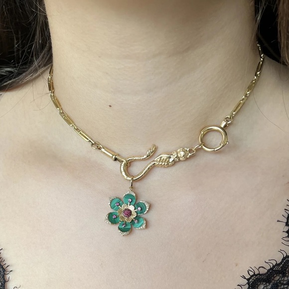 New 14K Yellow Gold Malachite Diamond Ruby Pink Sapphire Flower Pendant or Charm - Picture 3 of 8